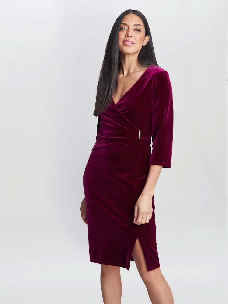 Gina Bacconi Red Rachael Velvet Dress With Gold Trim - Image 1 of 5