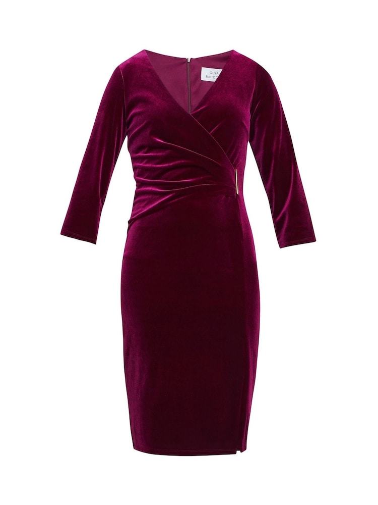 Gina Bacconi Red Rachael Velvet Dress With Gold Trim - Image 5 of 5