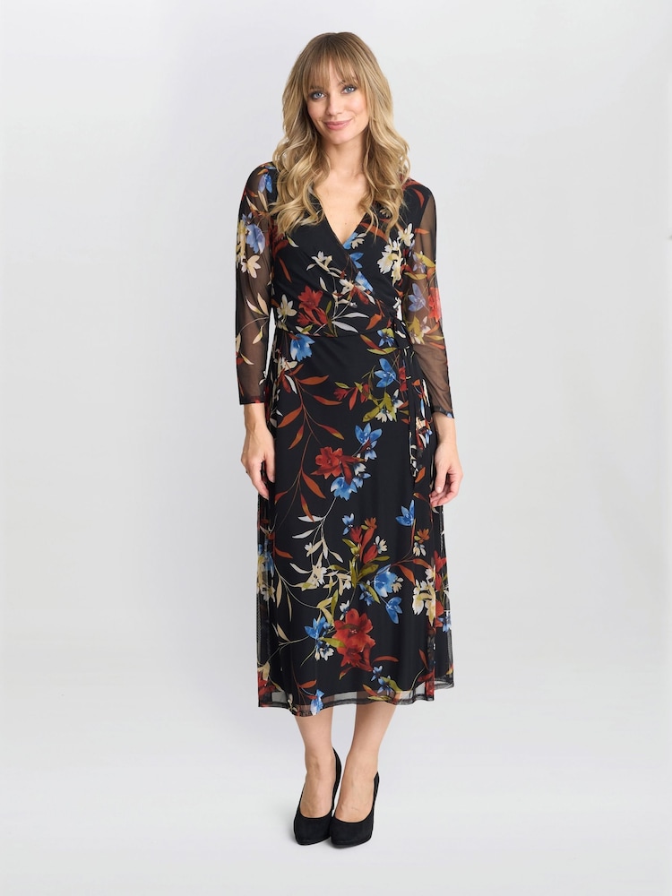 Gina Bacconi Tasmine Floral Mesh Wrap Black Dress - Imagen 1 de 5 Gina Bacconi Tasmine Floral Mesh Wrap Black Dress - Imagen 1 de 5