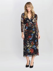 Gina Bacconi Tasmine Floral Mesh Wrap Black Dress - Imagen 3 de 5