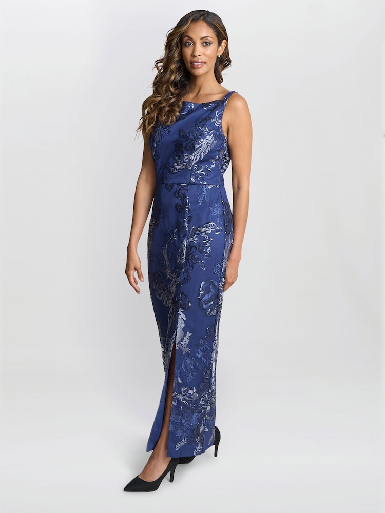 Gina Bacconi Blue Blake Floral Sequin Ankle Length Dress - Image 3 of 5