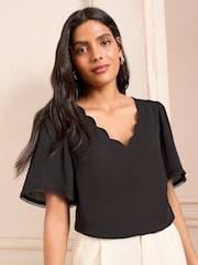 Love & Roses Black Short Sleeve V-Neckline Scallop Detail T-Shirt - Image 1 of 4