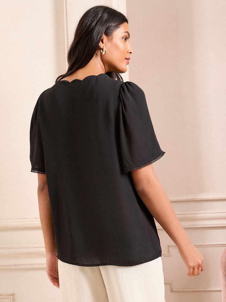 Love & Roses Black Short Sleeve V-Neckline Scallop Detail T-Shirt - Image 4 of 4