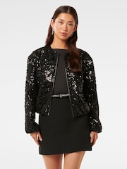 Forever New Black Robyn Sequin Bomber Jacket - Image 1 of 5