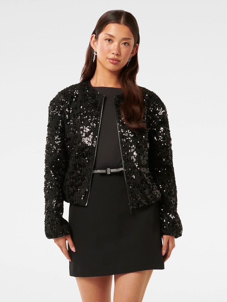 Forever New Black Robyn Sequin Bomber Jacket - Image 1 of 5