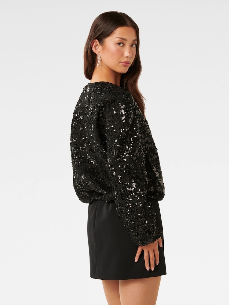 Forever New Black Robyn Sequin Bomber Jacket - Image 2 of 5