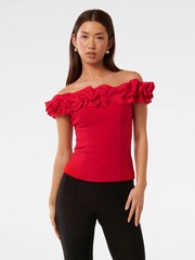 Forever New Red Stephanie Ruffle Off Shoulder Bustier Top - Image 1 of 5