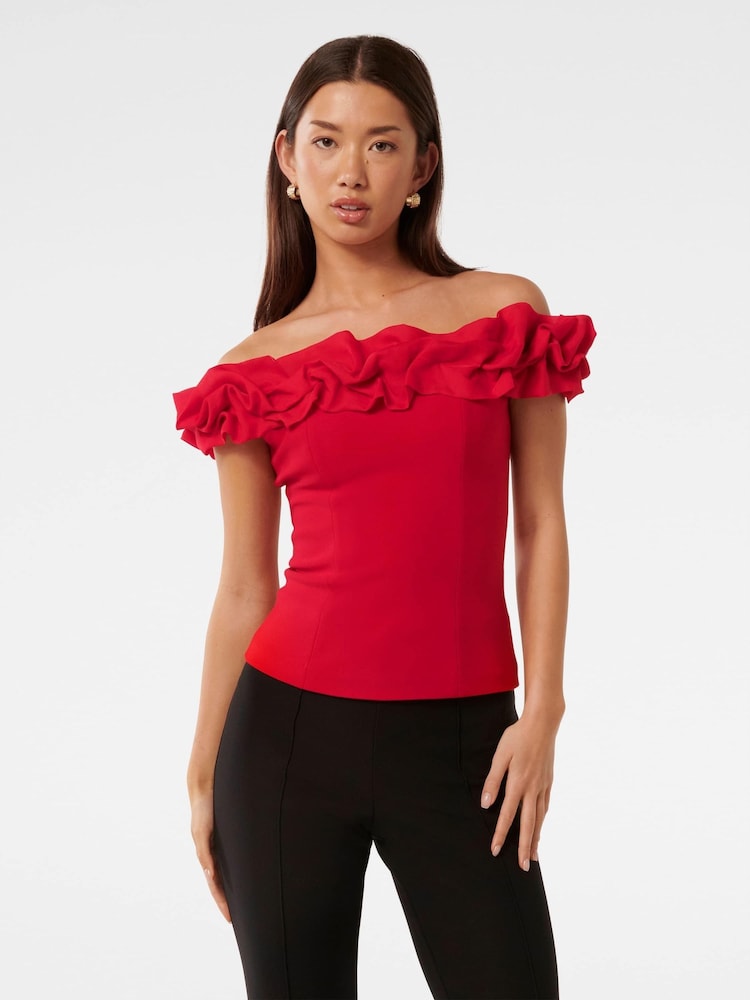 Forever New Red Stephanie Ruffle Off Shoulder Bustier Top - Image 1 of 5