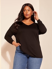 Curves Like These Black Soft Jersey V-Neck Long Sleeve Tunic Top - Image 2 of 8