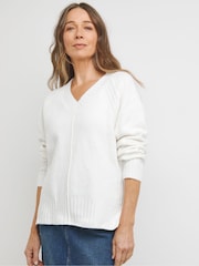 JD Williams White Ribbed Detail V-Neck Jumper - Image 1 of 4