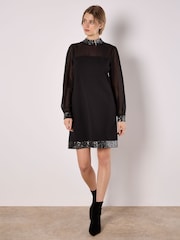 Apricot Black Sequin High Neck Trim Long Sleeve Dress - Image 1 of 4