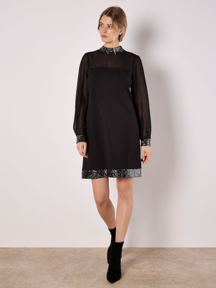 Apricot Black Sequin High Neck Trim Long Sleeve Dress - Image 1 of 4