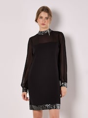 Apricot Black Sequin High Neck Trim Long Sleeve Dress - Image 2 of 4