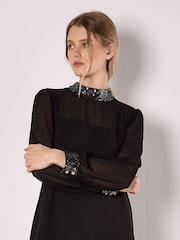 Apricot Black Sequin High Neck Trim Long Sleeve Dress - Image 3 of 4