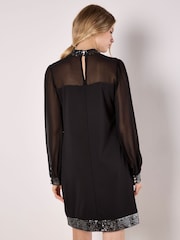Apricot Black Sequin High Neck Trim Long Sleeve Dress - Image 4 of 4