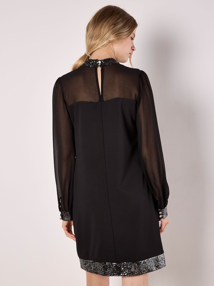 Apricot Black Sequin High Neck Trim Long Sleeve Dress - Image 4 of 4