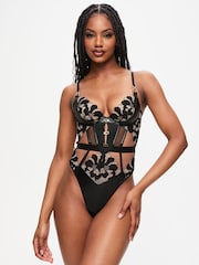 Ann Summers Black Dark Side Floral Embroidered And Faux Leather Crotchless Body - Image 1 of 5
