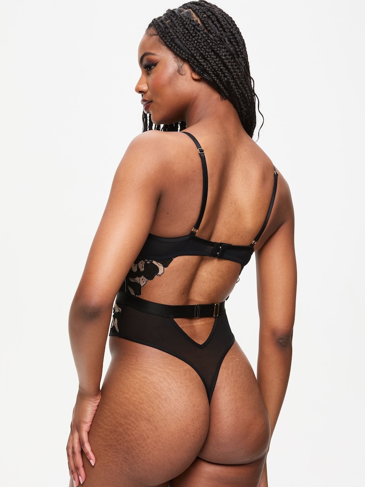 Ann Summers Black Dark Side Floral Embroidered And Faux Leather Crotchless Body - Image 2 of 5
