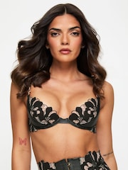 Ann Summers Black Side Floral Embroidered & Faux Leather Non Padded Plunge Bra - Image 1 of 5