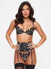 Ann Summers Black Side Floral Embroidered & Faux Leather Non Padded Plunge Bra - Image 3 of 5