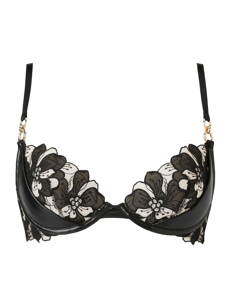 Ann Summers Black Side Floral Embroidered & Faux Leather Non Padded Plunge Bra - Image 5 of 5