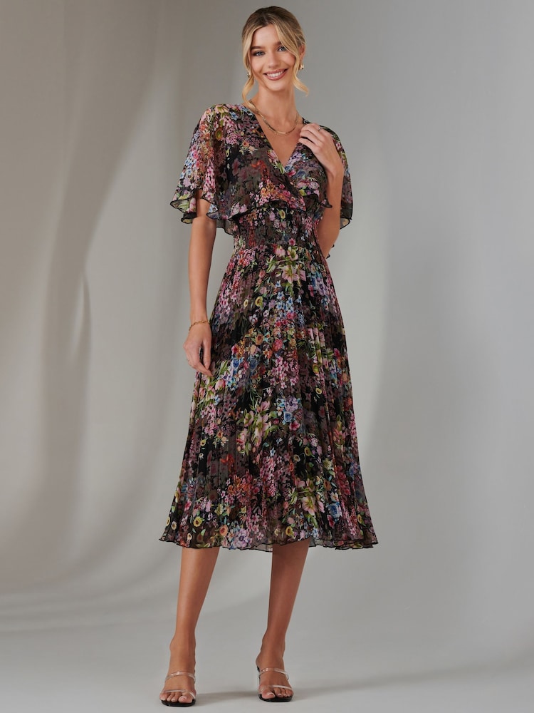 Jolie Moi Black Floral Print Chiffon Pleated Dress - Image 1 of 6