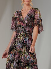 Jolie Moi Black Floral Print Chiffon Pleated Dress - Image 3 of 6