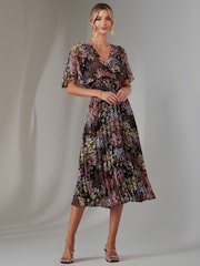 Jolie Moi Black Floral Print Chiffon Pleated Dress - Image 6 of 6