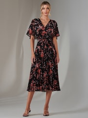 Jolie Moi Rich Black Floral Print Chiffon Pleated Dress - Image 1 of 6