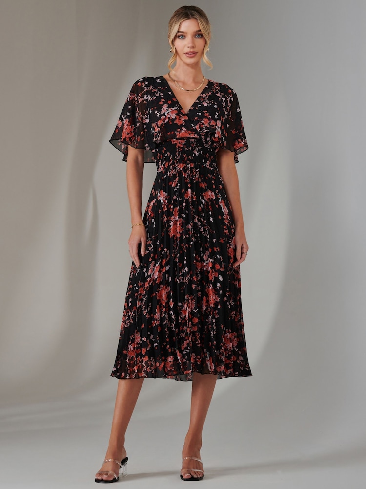 Jolie Moi Rich Black Floral Print Chiffon Pleated Dress - Image 1 of 6