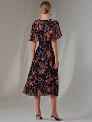 Jolie Moi Rich Black Floral Print Chiffon Pleated Dress - Image 2 of 6