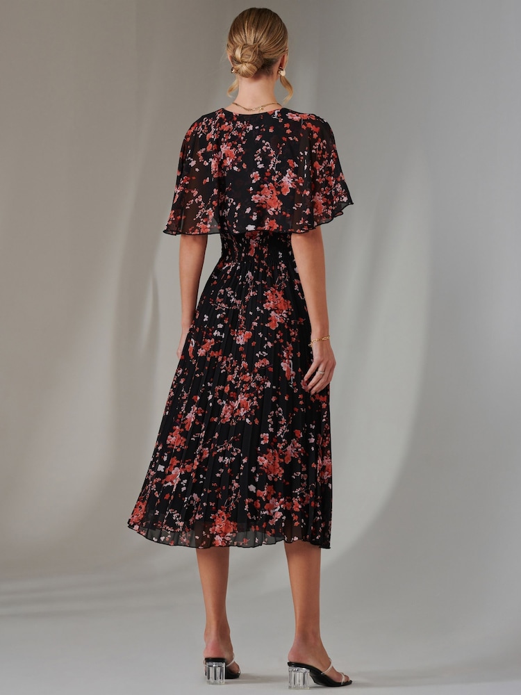 Jolie Moi Rich Black Floral Print Chiffon Pleated Dress - Image 2 of 6