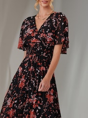 Jolie Moi Rich Black Floral Print Chiffon Pleated Dress - Image 3 of 6