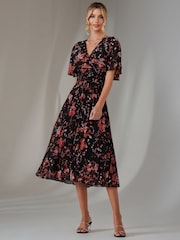 Jolie Moi Rich Black Floral Print Chiffon Pleated Dress - Image 5 of 6