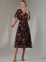 Jolie Moi Rich Black Floral Print Chiffon Pleated Dress - Image 6 of 6