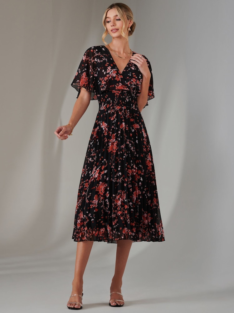 Jolie Moi Rich Black Floral Print Chiffon Pleated Dress - Image 6 of 6