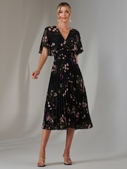 Jolie Moi Charcoal Black Floral Print Chiffon Pleated Dress - Image 1 of 6