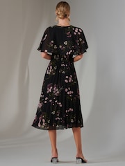 Jolie Moi Charcoal Black Floral Print Chiffon Pleated Dress - Image 2 of 6