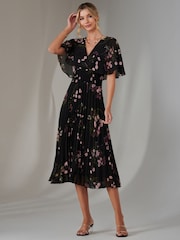 Jolie Moi Charcoal Black Floral Print Chiffon Pleated Dress - Image 4 of 6