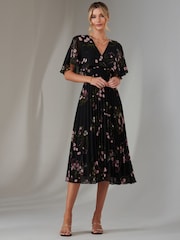 Jolie Moi Charcoal Black Floral Print Chiffon Pleated Dress - Image 5 of 6