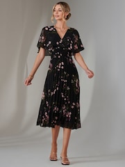 Jolie Moi Charcoal Black Floral Print Chiffon Pleated Dress - Image 6 of 6