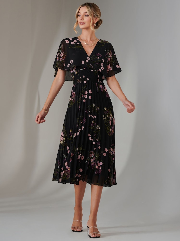 Jolie Moi Charcoal Black Floral Print Chiffon Pleated Dress - Image 6 of 6