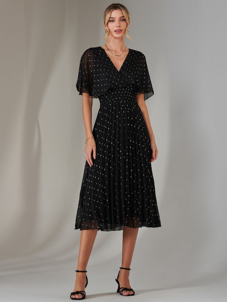 Jolie Moi Black Metallic Spot Chiffon Pleated Dress - Image 1 of 6