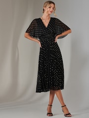 Jolie Moi Black Metallic Spot Chiffon Pleated Dress - Image 4 of 6