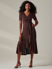 Jolie Moi Red Metallic Tie Waist Wrapped Maxi Dress - Image 1 of 6