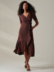 Jolie Moi Red Metallic Tie Waist Wrapped Maxi Dress - Image 4 of 6