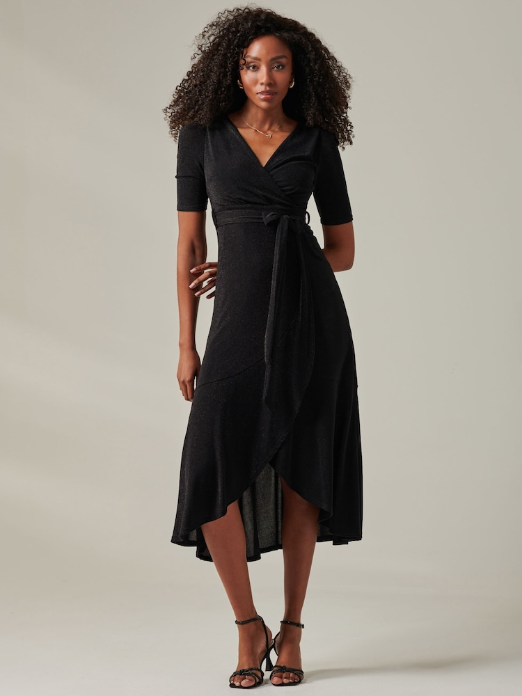 Jolie Moi Black Metallic Tie Waist Wrapped Maxi Dress - Image 1 of 6