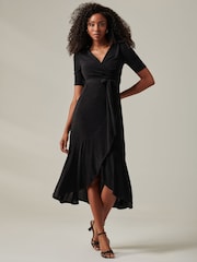 Jolie Moi Black Metallic Tie Waist Wrapped Maxi Dress - Image 5 of 6