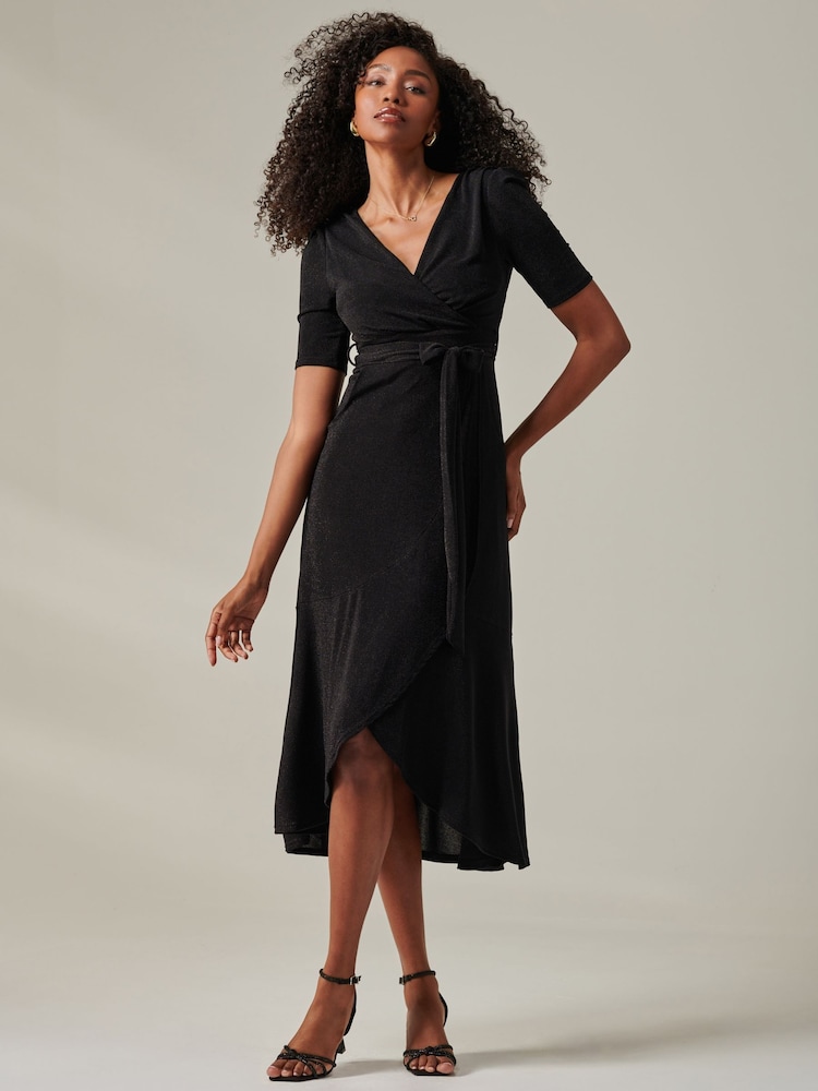 Jolie Moi Black Metallic Tie Waist Wrapped Maxi Dress - Image 6 of 6