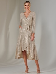 Jolie Moi Natural Long Sleeve Metallic Spot Maxi Dress - Image 1 of 6